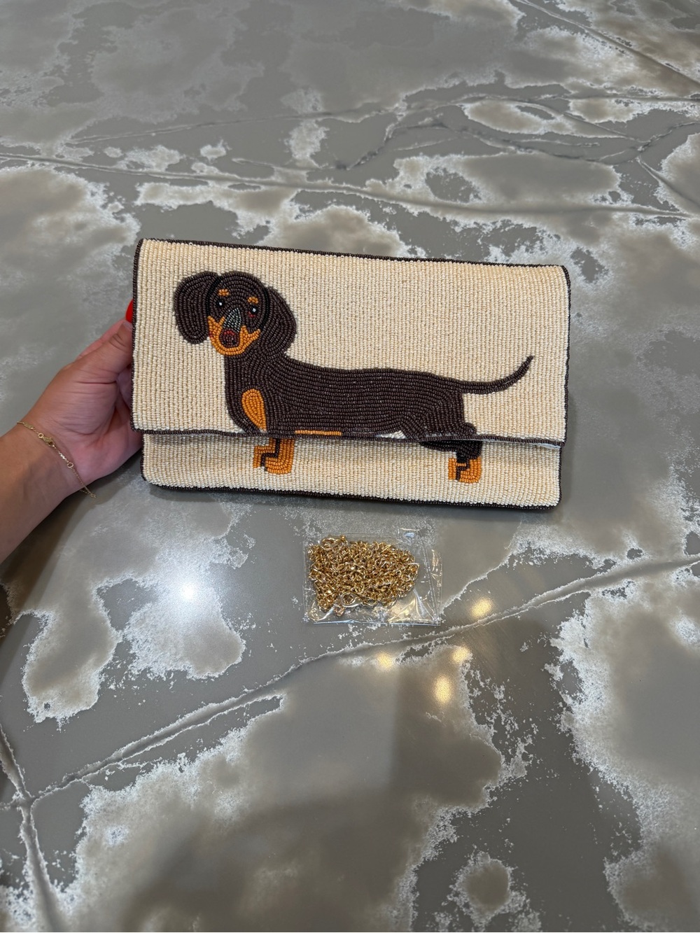 Beaded Dachshund Clutch Bag in Cream and Brown - Designer Style